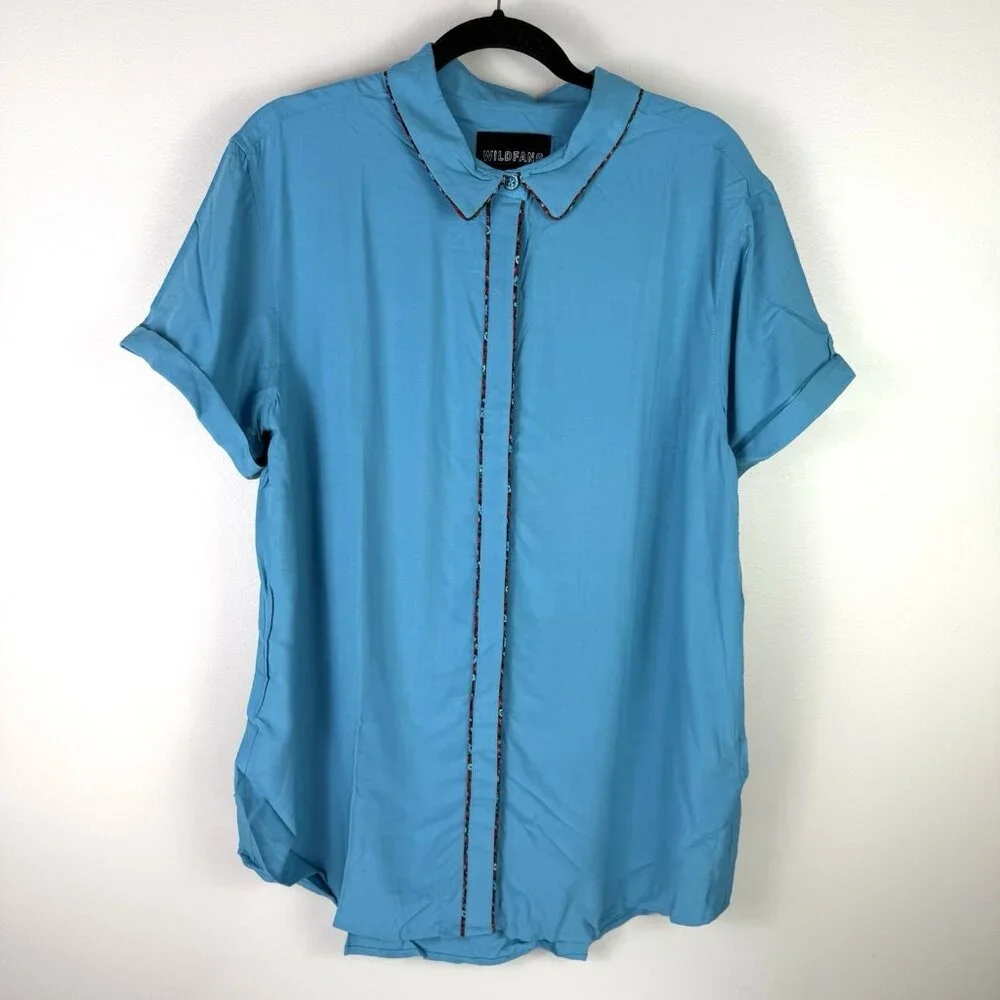 Wildfang Empower Piped Button Up Shirt Large Teal Rayon Androgynous Chic - Picture 2 of 11